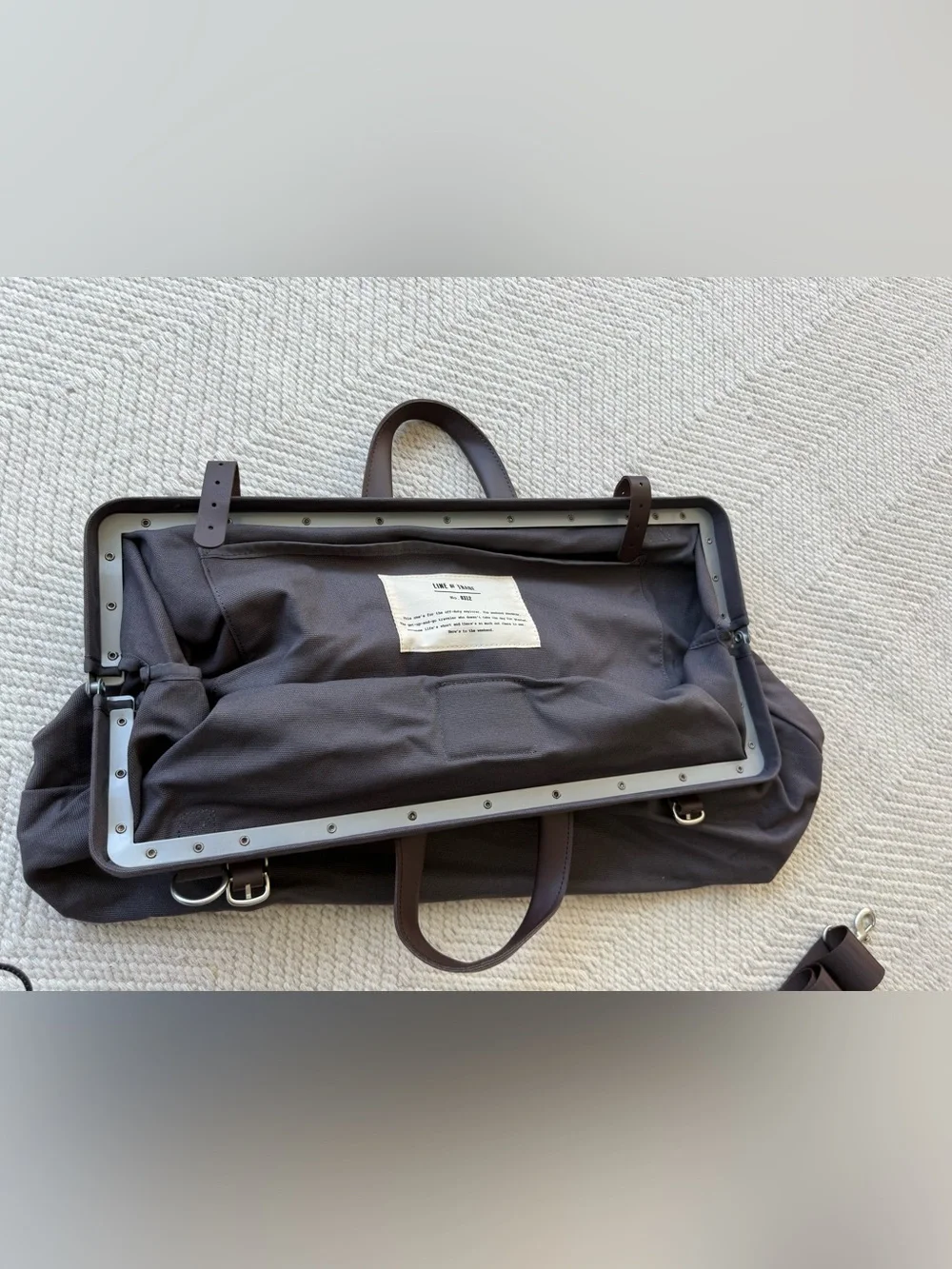 NWOT LINE OF TRADE Canvas Weekender Bag Grey and Brown Leather Large
